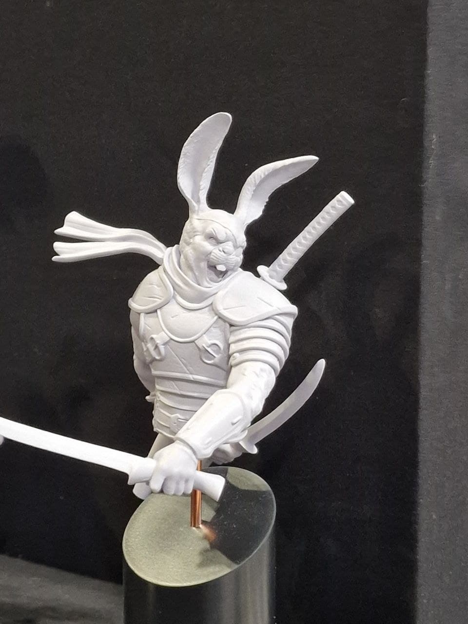 White primed rabbit samurai miniature before painting